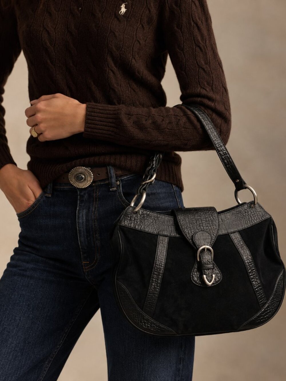 Ralph Lauren Black Suede Croc Embossed Shoulder Bag Silver Buckle